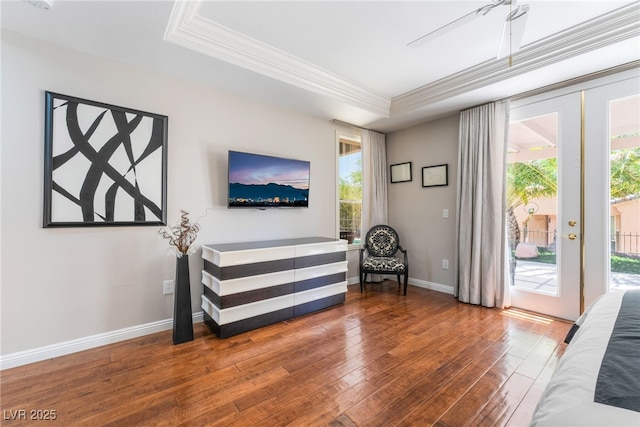 10331 Rio De Thule Ln, Las Vegas, NV 89135 - living area with a raised ceiling, ornamental molding, plenty of natural light, hardwood / wood-style floors, and ceiling fan