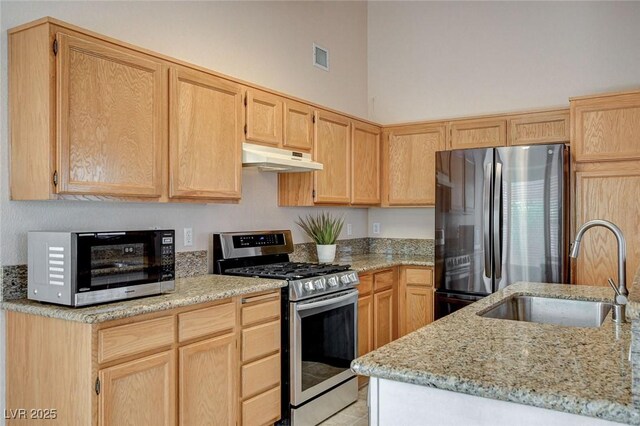 1981 Spring Lake Dr, Henderson, NV 89002 - kitchen with stainless steel appliances, light brown cabinetry, under cabinet range hood, and light stone counters