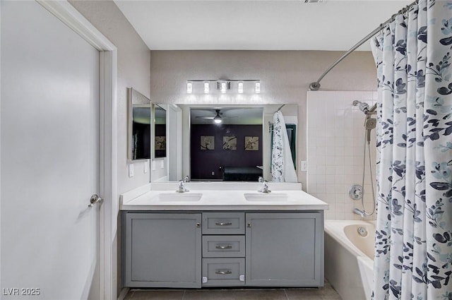 1708 Anzio St, Las Vegas, NV 89108 - ensuite bathroom featuring shower / tub combo, double vanity, tile patterned floors, and a ceiling fan