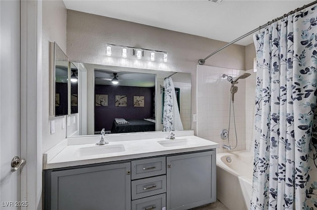 1708 Anzio St, Las Vegas, NV 89108 - ensuite bathroom with shower / bathtub combination with curtain, double vanity, and a ceiling fan