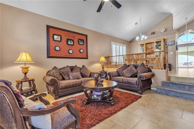 1877 Glory Lily Ct, Las Vegas, NV 89123 - tiled living area featuring ceiling fan, lofted ceiling, and a chandelier