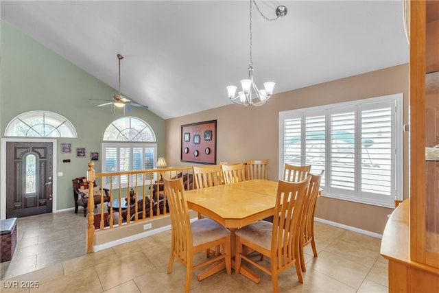 1877 Glory Lily Ct, Las Vegas, NV 89123 - dining space featuring a chandelier, ceiling fan, high vaulted ceiling, and light tile patterned floors