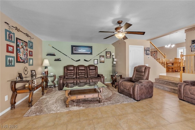 1877 Glory Lily Ct, Las Vegas, NV 89123 - tiled living area with a chandelier, stairs, and a ceiling fan