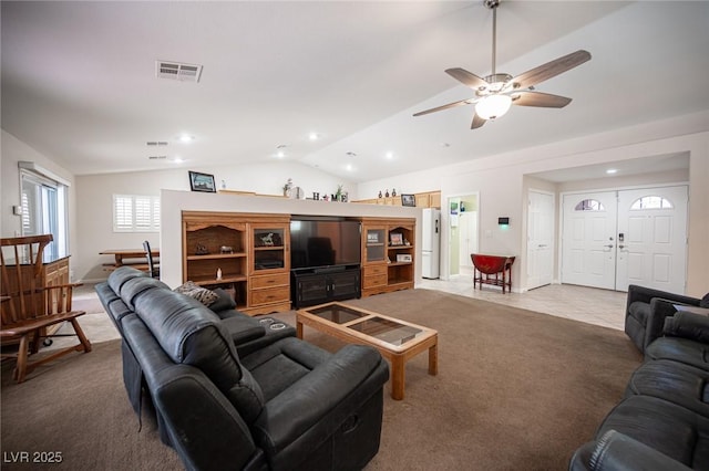 5600 Old Stable Ave, Las Vegas, NV 89131 - living room featuring vaulted ceiling, a ceiling fan, carpet floors, and recessed lighting