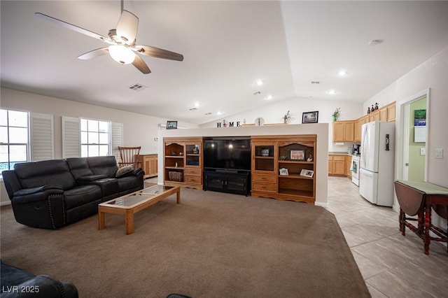 5600 Old Stable Ave, Las Vegas, NV 89131 - living area featuring lofted ceiling, a ceiling fan, and light tile patterned floors