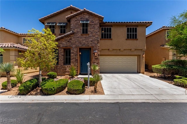 10584 Peach Creek St, Las Vegas, NV 89179 - view of front of property featuring stone siding, an attached garage, driveway, stucco siding, and a tiled roof