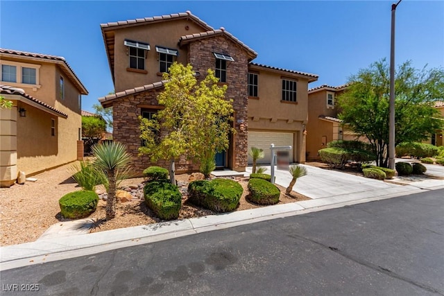 10584 Peach Creek St, Las Vegas, NV 89179 - view of front facade featuring an attached garage, driveway, stucco siding, a tiled roof, and stone siding
