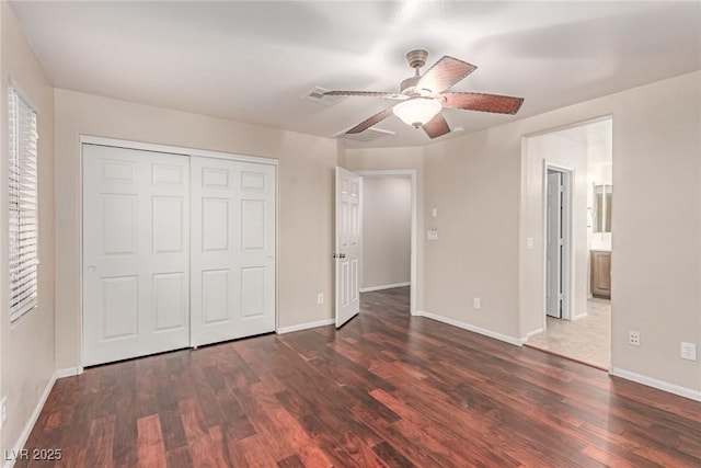 10584 Peach Creek St, Las Vegas, NV 89179 - unfurnished bedroom featuring wood finished floors, a closet, ceiling fan, and ensuite bathroom