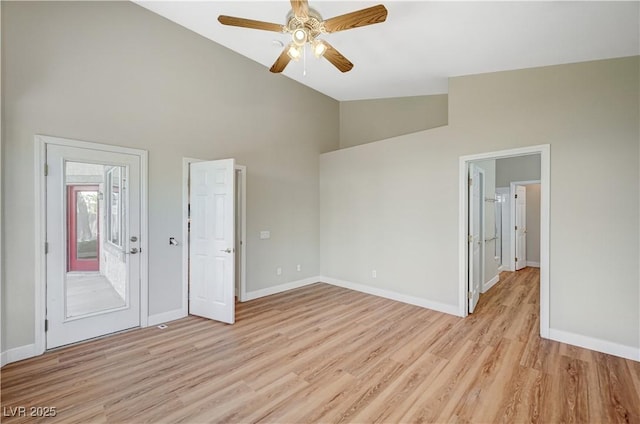 10198 Timber Willow Ave, Las Vegas, NV 89135 - unfurnished bedroom with high vaulted ceiling, light wood-style flooring, access to exterior, and ceiling fan