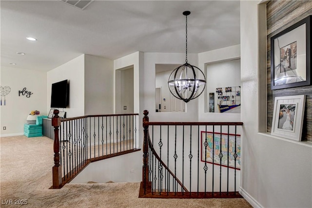 1717 Jake Andrew Ave, North Las Vegas, NV 89086 - hall featuring carpet, a chandelier, an upstairs landing, and recessed lighting