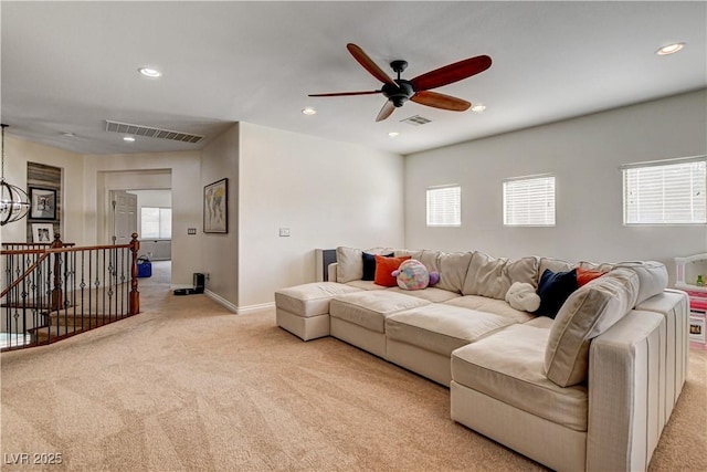 1717 Jake Andrew Ave, North Las Vegas, NV 89086 - living room featuring light carpet, recessed lighting, and a ceiling fan