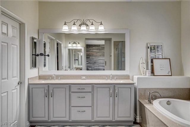 1717 Jake Andrew Ave, North Las Vegas, NV 89086 - bathroom with a garden tub, double vanity, and an enclosed shower