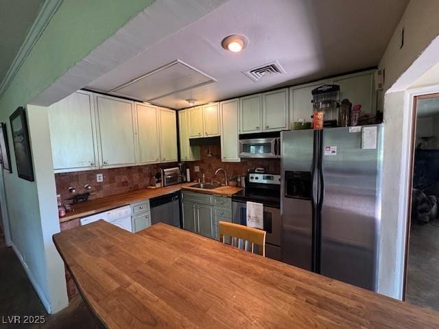 632 Tam O Shanter, Las Vegas, NV 89109 - kitchen with stainless steel appliances, decorative backsplash, and wooden counters