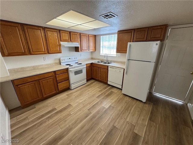 453 Las Casitas Way, Las Vegas, NV 89121 - kitchen featuring white appliances, under cabinet range hood, brown cabinetry, light wood-style floors, and light countertops