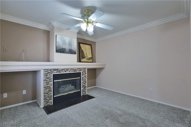 975 Leadville Meadows Dr, Henderson, NV 89052 - unfurnished living room with carpet flooring, crown molding, a tiled fireplace, and ceiling fan