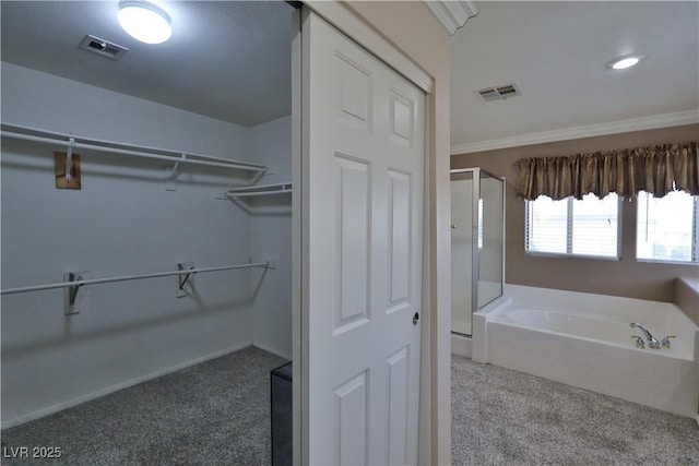975 Leadville Meadows Dr, Henderson, NV 89052 - full bathroom featuring a shower stall, a bath, a spacious closet, and crown molding