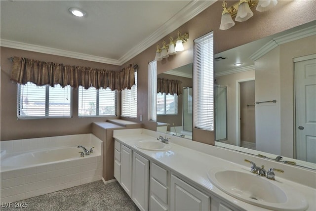 975 Leadville Meadows Dr, Henderson, NV 89052 - full bathroom with a bath, double vanity, a stall shower, and crown molding