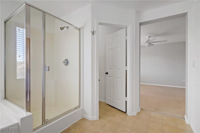 7263 Pepperbox Ave, Las Vegas, NV 89179 - full bath featuring a ceiling fan, a shower stall, and tile patterned floors
