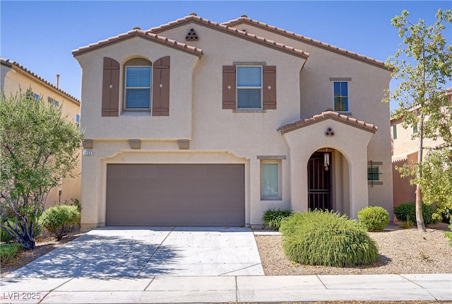 7263 Pepperbox Ave, Las Vegas, NV 89179 - mediterranean / spanish house with stucco siding, an attached garage, and a tiled roof