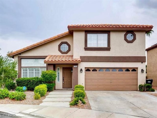 2705 Chokecherry Ave, Henderson, NV 89074 - view of front of house with an attached garage, concrete driveway, stucco siding, and a tile roof
