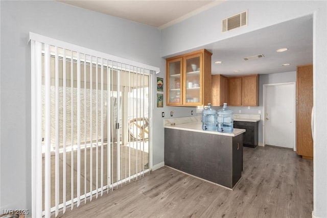 5424 Geneive Ln Unit 105, Las Vegas, NV 89108 - kitchen with light wood-style floors, glass insert cabinets, brown cabinetry, and light countertops