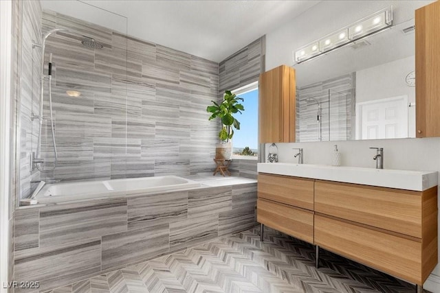 694 Value Ridge Ave, Henderson, NV 89012 - bathroom featuring a relaxing tiled tub, a tile shower, and double vanity