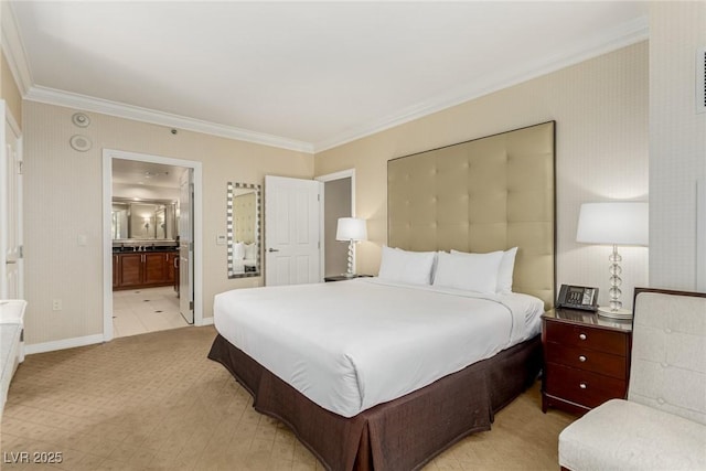 135 E Harmon Ave Unit 2702, Las Vegas, NV 89109 - bedroom with crown molding, light carpet, and ensuite bath