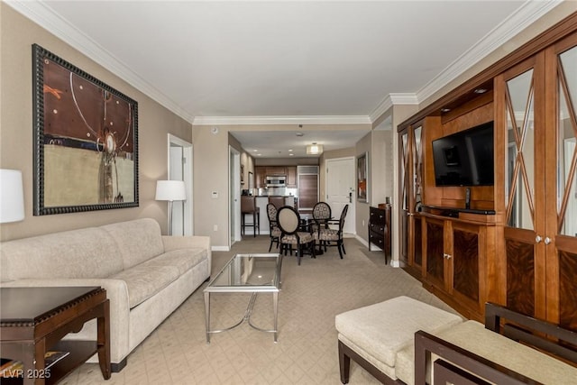 135 E Harmon Ave Unit 2702, Las Vegas, NV 89109 - carpeted living room featuring baseboards and crown molding