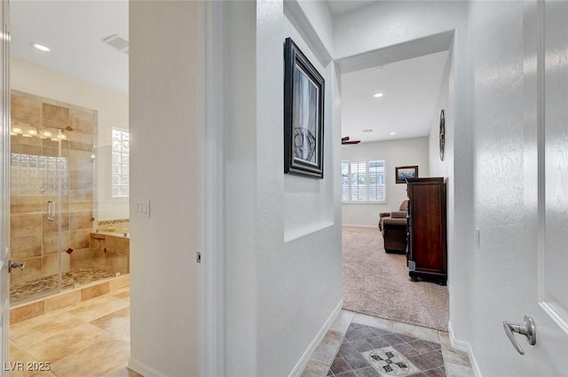 2779 Kindeace Ave, Henderson, NV 89044 - hall featuring tile patterned flooring, carpet, and recessed lighting
