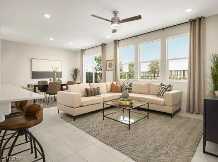 7388 Daly Grove St, Las Vegas, NV 89113 - living room featuring a ceiling fan, recessed lighting, and tile patterned floors
