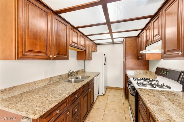 3668 Villa Knolls E Dr, Las Vegas, NV 89120 - kitchen with white appliances, under cabinet range hood, light stone counters, and light tile patterned floors