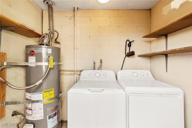 3668 Villa Knolls E Dr, Las Vegas, NV 89120 - laundry room featuring strapped water heater, independent washer and dryer, and concrete block wall
