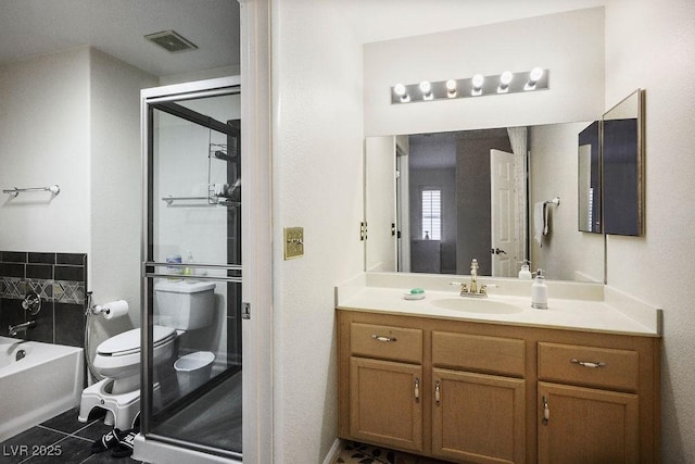 9357 Golden Timber Ln, Las Vegas, NV 89117 - bathroom with vanity, a shower stall, tile patterned floors, and a tub