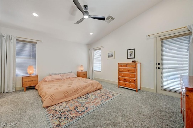 189 Andada Dr, Henderson, NV 89012 - bedroom with vaulted ceiling, light colored carpet, recessed lighting, and a ceiling fan