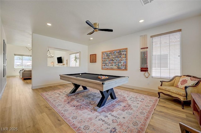 189 Andada Dr, Henderson, NV 89012 - game room featuring a ceiling fan, light wood finished floors, billiards table, and recessed lighting