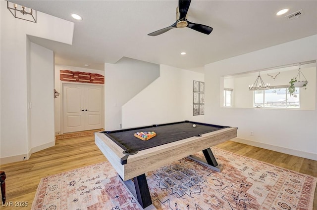 189 Andada Dr, Henderson, NV 89012 - rec room with a chandelier, ceiling fan, pool table, wood finished floors, and recessed lighting