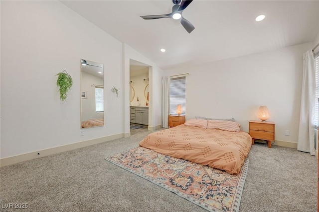 189 Andada Dr, Henderson, NV 89012 - bedroom featuring carpet floors, lofted ceiling, recessed lighting, connected bathroom, and a ceiling fan