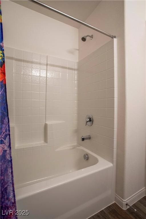 12237 Plum Mist Ct Unit 4, Las Vegas, NV 89183 - bathroom with wood finished floors and shower / tub combo with curtain