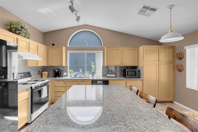 9909 Masked Duck Ave, Las Vegas, NV 89117 - kitchen with white stove, light brown cabinetry, stainless steel microwave, under cabinet range hood, and vaulted ceiling