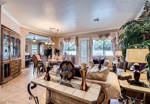 8698 Waterford Bend St, Las Vegas, NV 89123 - living area with a textured ceiling, healthy amount of natural light, ornamental molding, ceiling fan, and light tile patterned floors