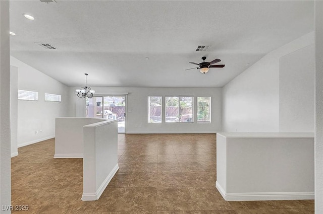 2059 Joy View Ln, Henderson, NV 89012 - tiled empty room with lofted ceiling, a chandelier, a ceiling fan, and recessed lighting