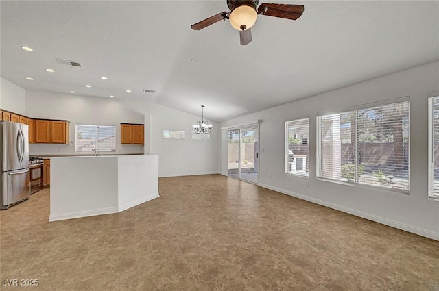 2059 Joy View Ln, Henderson, NV 89012 - unfurnished living room featuring vaulted ceiling, a chandelier, healthy amount of natural light, ceiling fan, and recessed lighting