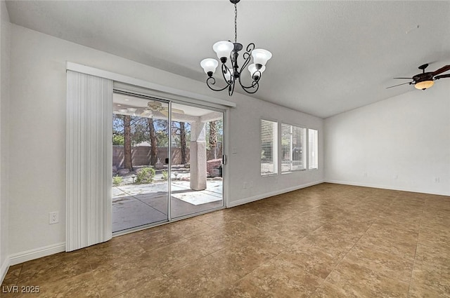 2059 Joy View Ln, Henderson, NV 89012 - unfurnished room featuring a chandelier, a ceiling fan, and vaulted ceiling