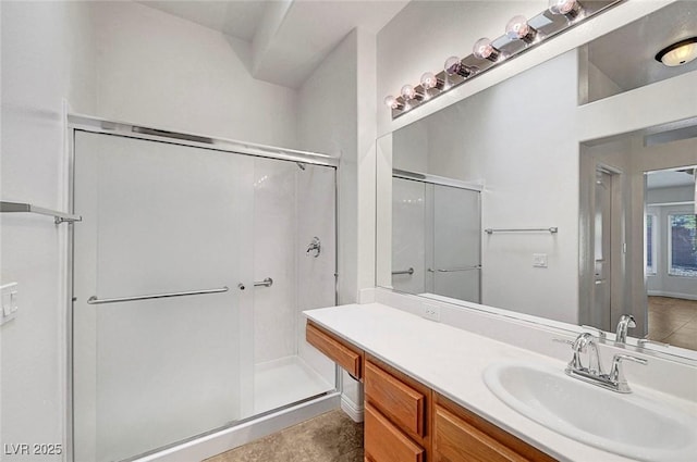 2059 Joy View Ln, Henderson, NV 89012 - bathroom with a stall shower, vanity, and tile patterned flooring