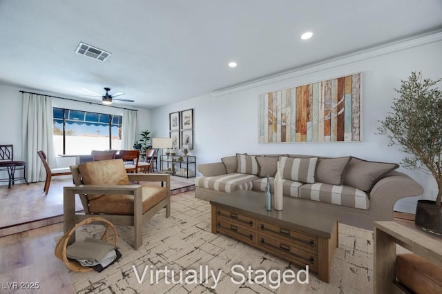 1926 Navarre Ln, Henderson, NV 89014 - living room with ceiling fan, light wood-style floors, ornamental molding, and recessed lighting