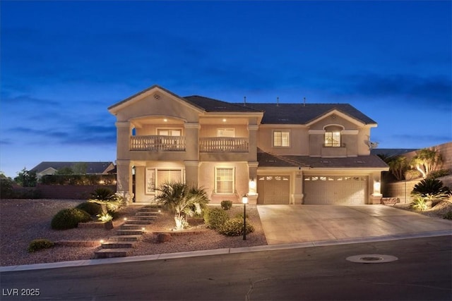 6958 Lazy Sunset Ct, Las Vegas, NV 89156 - mediterranean / spanish home with a balcony, a garage, stucco siding, and concrete driveway