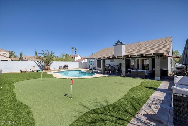 9100 Shelter Cove Ct, Las Vegas, NV 89117 - view of pool featuring a putting green, a patio, a fenced backyard, and an outdoor hangout area