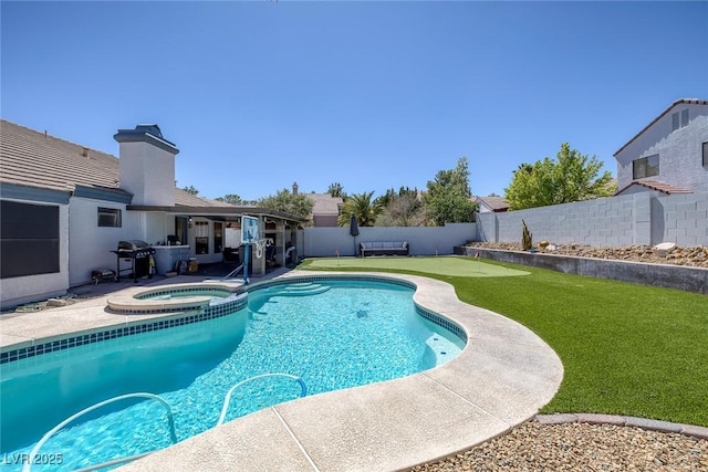 9100 Shelter Cove Ct, Las Vegas, NV 89117 - view of pool with a fenced backyard, a patio, a pool with connected hot tub, area for grilling, and an area to practice putting