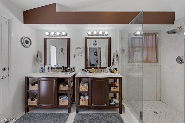 9100 Shelter Cove Ct, Las Vegas, NV 89117 - bathroom with a stall shower, vanity, and tile patterned flooring