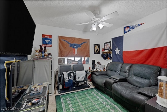 9100 Shelter Cove Ct, Las Vegas, NV 89117 - carpeted living room with a ceiling fan and a textured ceiling
